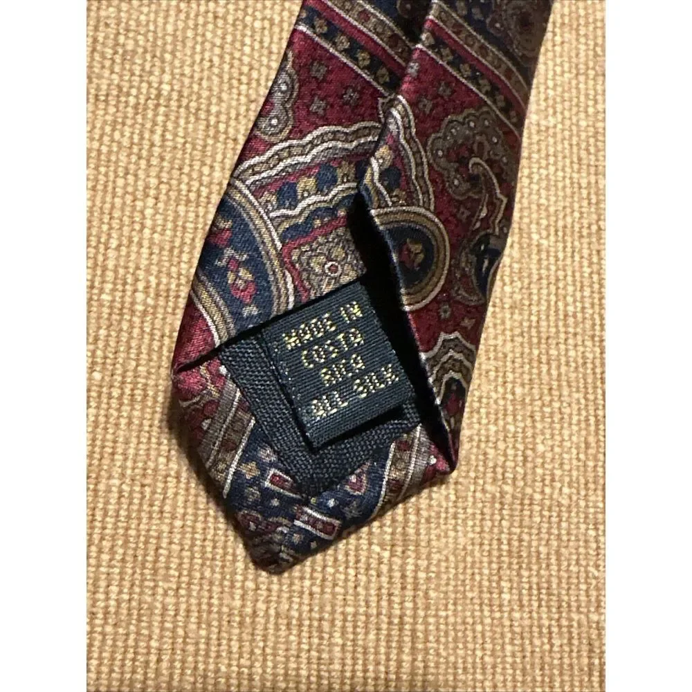 Bill Blass Men's Necktie Tie Silk Paisley Red Navy Blue Tan Made in Costa Rica‎